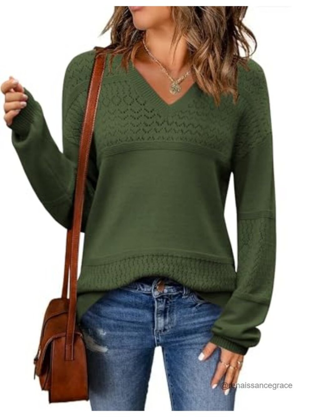Womens Zeagoo Sweater V Neck Lantern Sleeve Cable Knit Pullover